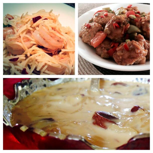 Chili garlic noodles with shrimp; chicken manchurian and chal er payesh (rice kheer)